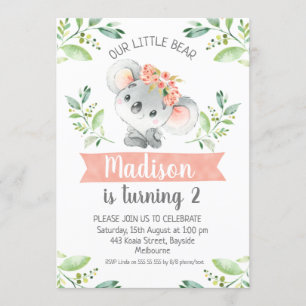 Chicas Watercolor Koala Invitación al cumpleaños d