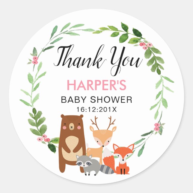 Chicas Woodland Animals Baby Shower Pegatina (Anverso)