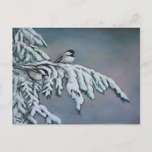 Chick-a-dees en la postal de arte de la nieve (Anverso)
