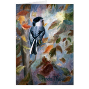 Chickadee en la tarjeta en blanco de la caída