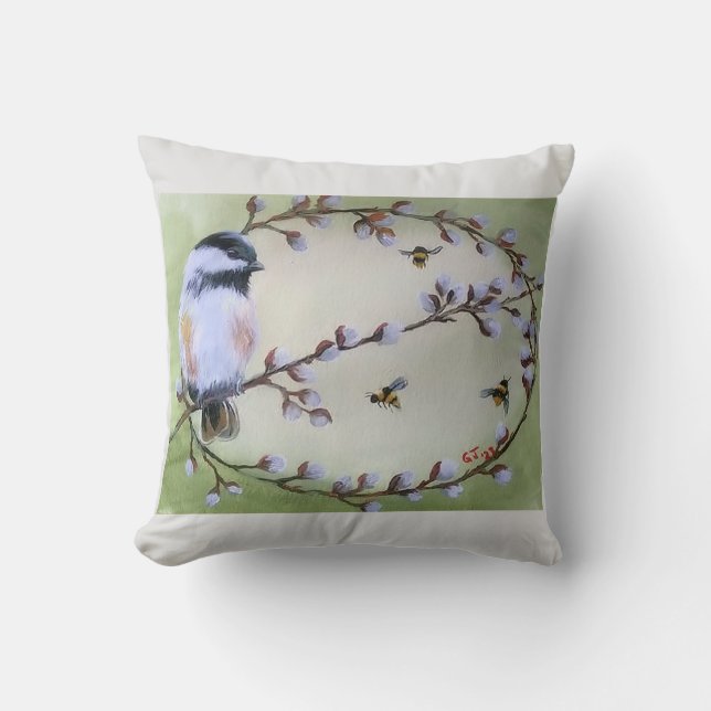 Chickadee Pussy Willows Bees Cojines decorativos (Anverso)