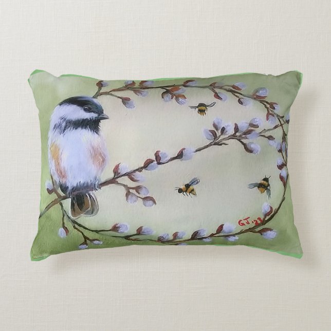 Chickadee Pussy Willows Bees Cojines decorativos (Anverso)