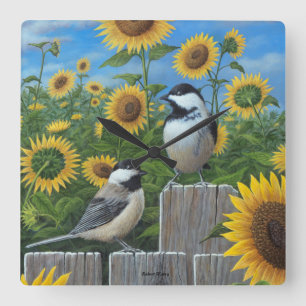 Chickadees y reloj de pared de los girasoles