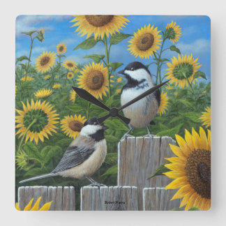 Chickadees y reloj de pared de los girasoles
