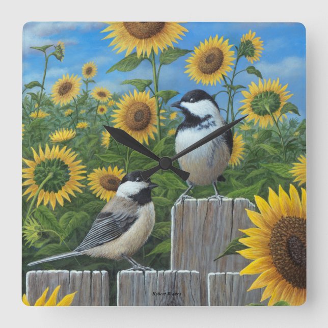 Chickadees y reloj de pared de los girasoles (Anverso)