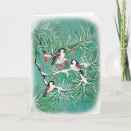 Chickadees y tarjeta del pino
