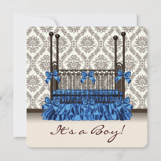 Chico Bebé Cuna Azul Marrón Damask Invitaciones de (Anverso)