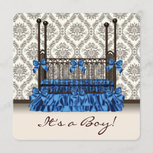 Chico Bebé Cuna Azul Marrón Damask Invitaciones de