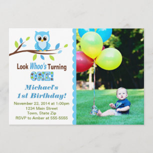Chico búho 1er cumpleaños Invitación 5x7 tarjeta f