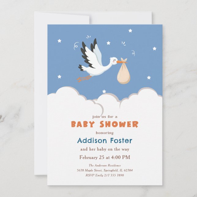 Chico Cigüeña Azul Invitación de Cumpleaños para B (Anverso)