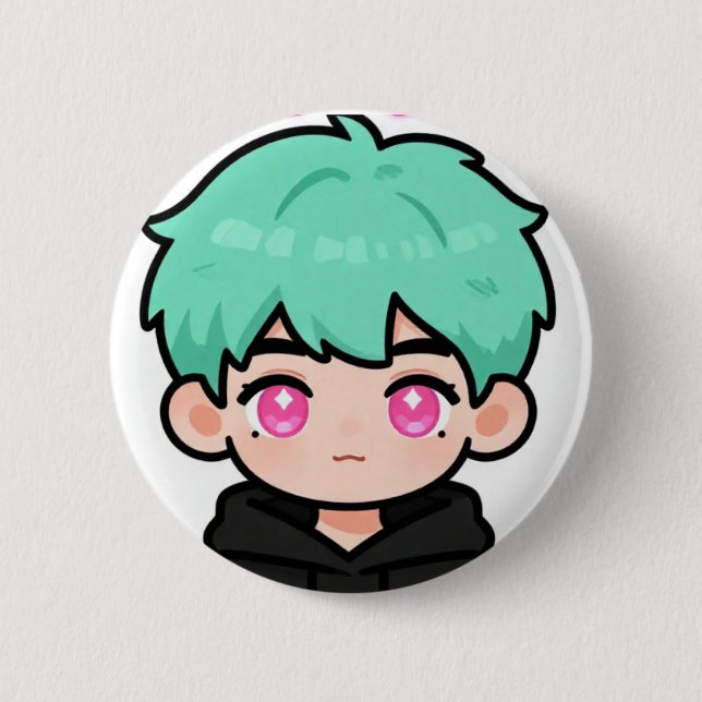 Chico con Cabello Verde Menta Kawaii Chibi Botón P (Anverso)