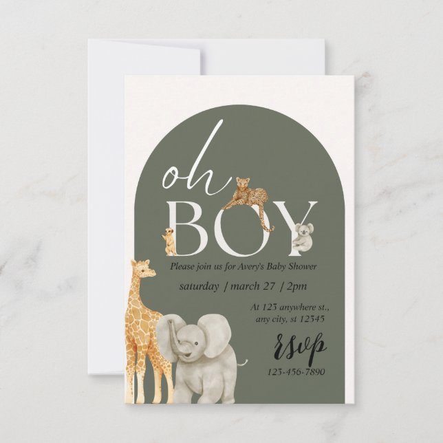 Chico de animales Safari Invitación a Baby Shower  (Anverso)