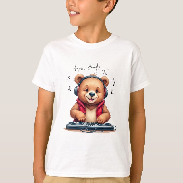 Chico de música, feliz grizzly Bear DJ de camiseta (Anverso)