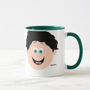 Chico de pelo oscuro con taza de risa