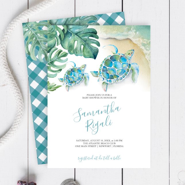 Chico de tortuga marina de hojas tropicales Baby S (Baby shower invitations tropical watercolor sea turtle, palm leaves and ocean with gingham print)