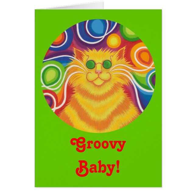 Chico-gatito-delic redondo "Groovy Baby!" tarjeta  (Frente)