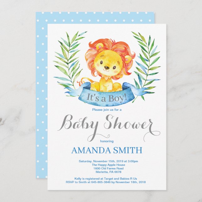 Chico león Baby Shower invitación azul y gris (Anverso / Reverso)