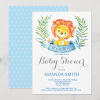 Chico león Baby Shower invitación azul y gris