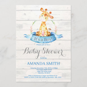 Chico rústico Giraffe Baby Shower invitación azul