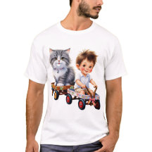 Chico y gato encima de la camiseta del auto