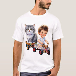 Chico y gato encima de la camiseta del auto