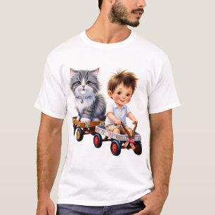 Chico y gato encima de la camiseta del auto