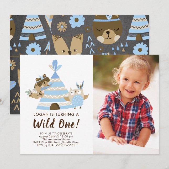 Chicos Teepee Wild One Birday Invitación (Anverso / Reverso)