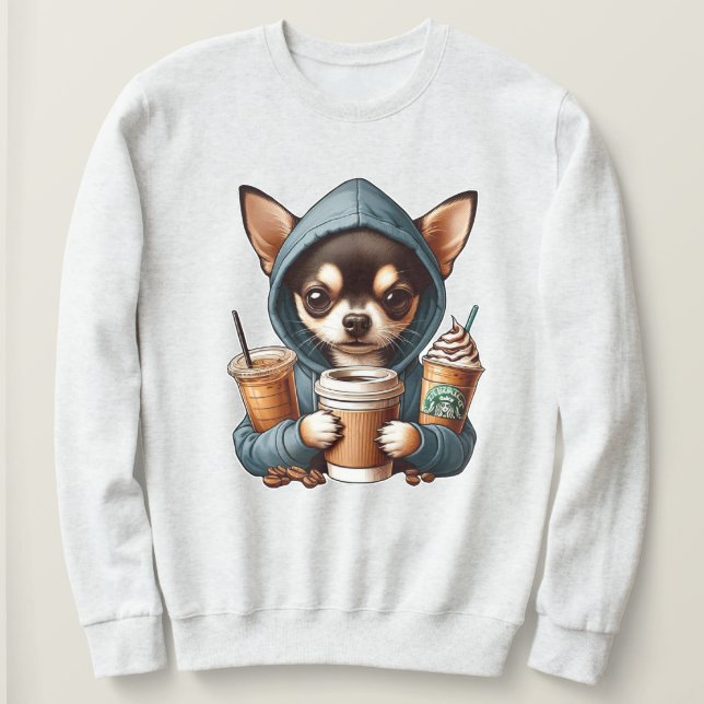 Chihuahua en sudadera encapuchada con café (Anverso del diseño)