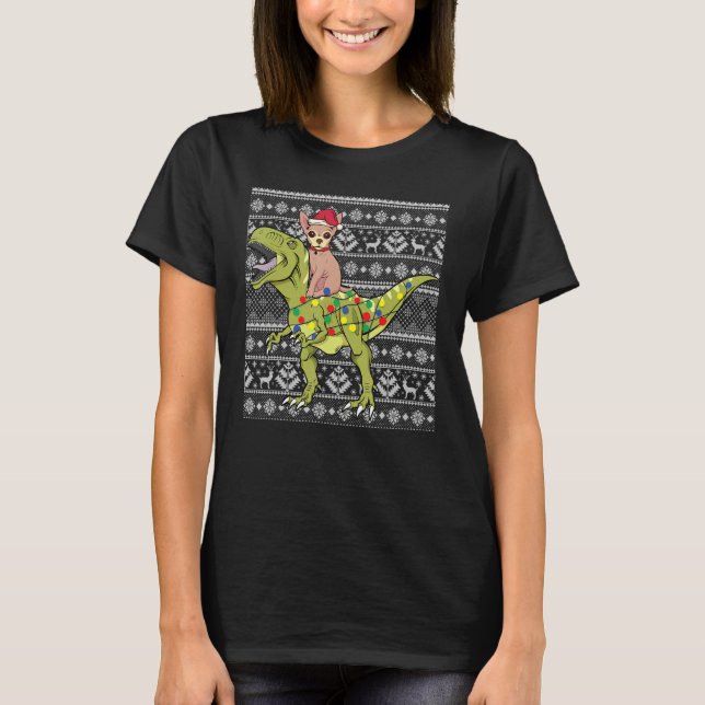 Chihuahua on trex dinosaur ugly Christmas sweater  (Anverso)
