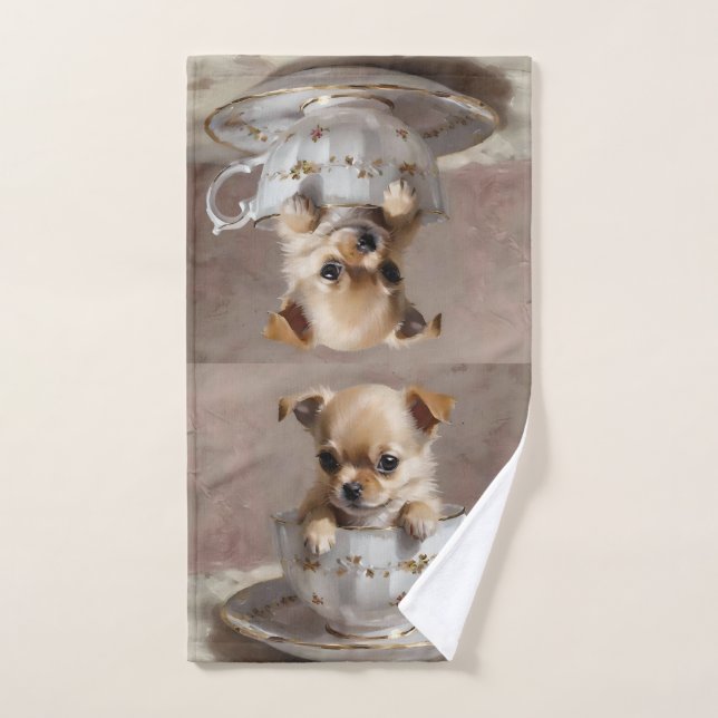 Chihuahua Puppy En Una Pintura De Aceite De Tacup, (Toalla de mano)