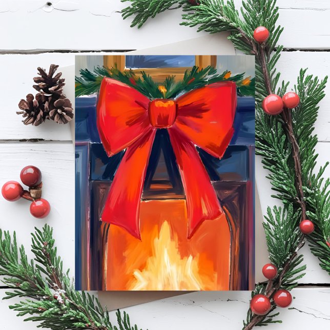 Chimenea de Navidad | Acuarela Alegre con Lazo Roj (Subido por el creador)