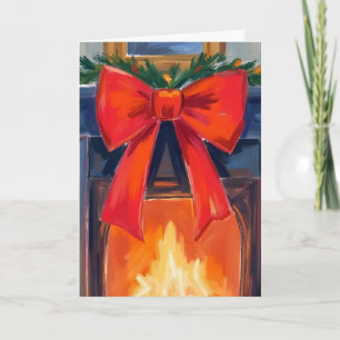 Chimenea de Navidad Acuarela Alegre de lazo rojo