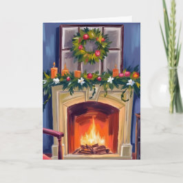 Chimenea Festiva Corona de Navidad Acuarela