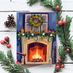 Chimenea Festiva Corona de Navidad Acuarela