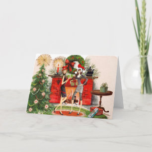 Chimenea tarjeta de Navidades con dos mujeres
