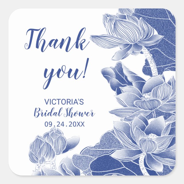 Chinoiserie Azul Blanco Gracias Pegatina Cuadrada (Anverso)