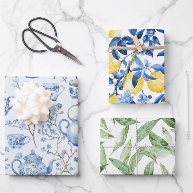 Chinoiserie Azul Limones Florales Hoja Despedida d (Anverso)