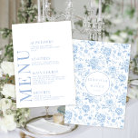 Chinoiserie azul porcelana floral menú boda<br><div class="desc">Podrá realzar su eterna celebración boda de porcelana azul Chinoiserie con una elegante tarjeta de menú. Mostrando un delicado patrón de flores blancas y azul claro, este refinado diseño se complementa con un toque personalizado: el monograma de novias y novios en la espalda, creando un elemento memorable y distintivo para...</div>