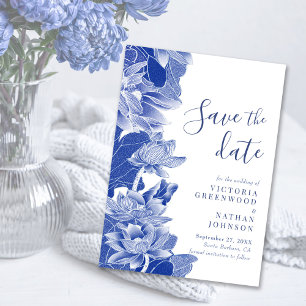Chinoiserie Blue White Lotus Floral Save the Date