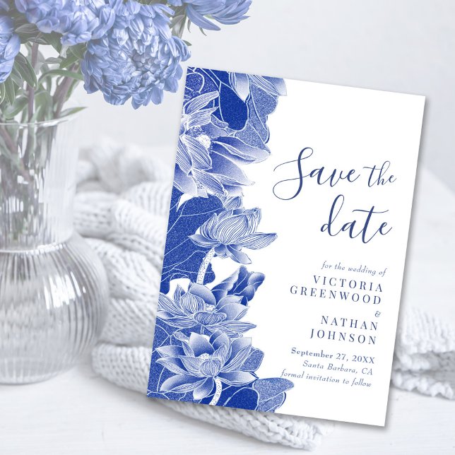 Chinoiserie Blue White Lotus Floral Save the Date (Subido por el creador)