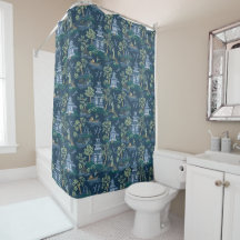 Chinoiserie Cortina de ducha azul oscuro