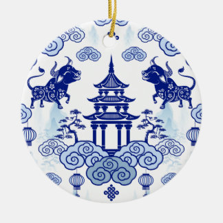 Chinoiserie Navidad Ornamento Bull & Pagoda