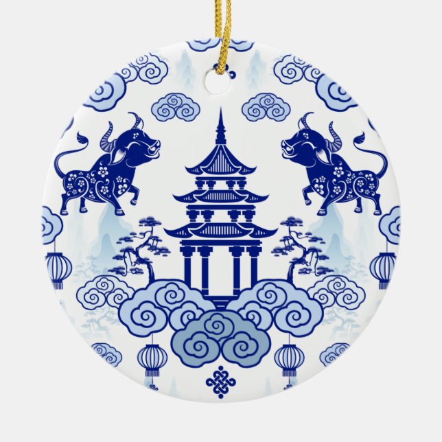 Chinoiserie Navidad Ornamento Bull & Pagoda (Frente)