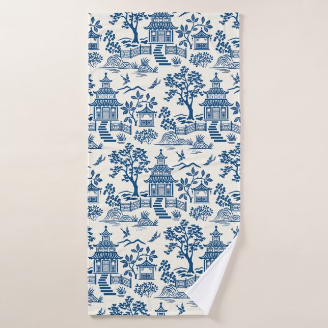 Chinoiserie Pagoda Blue on White (Toalla de baño)