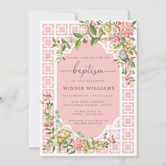 Chinoiserie rosa Invitación al bautismo floral Tri (Anverso)