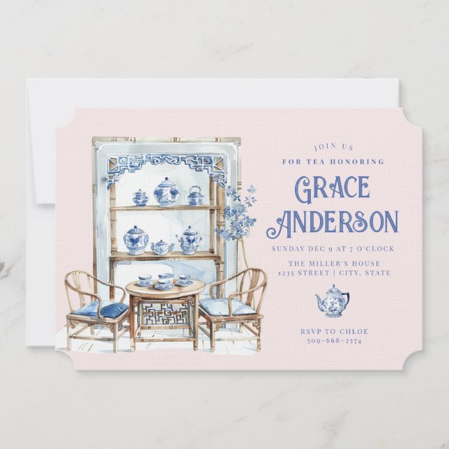 Chinoiserie rosa y azul Té de Bamboo Invitación (Anverso)