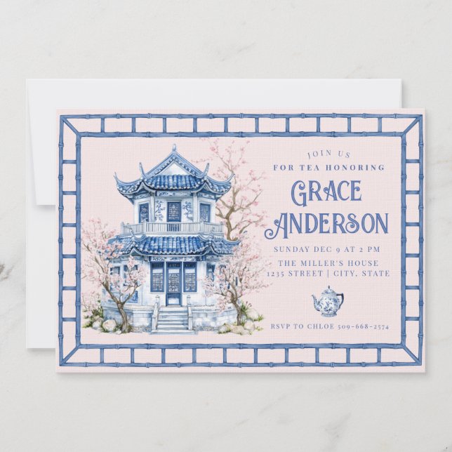Chinoiserie rosa y azul Té de Bamboo Invitación (Anverso)