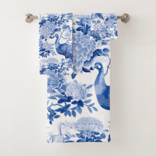 Chinoiserie Vintage Pavos Florales Azules y Blanco