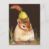 chipmunk con postal de bellota y plumas cardinales