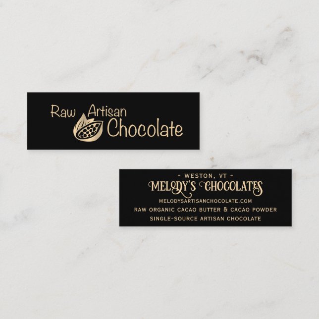 Chocolate artesano crudo de oro en tarjeta de prod (Anverso / Reverso)